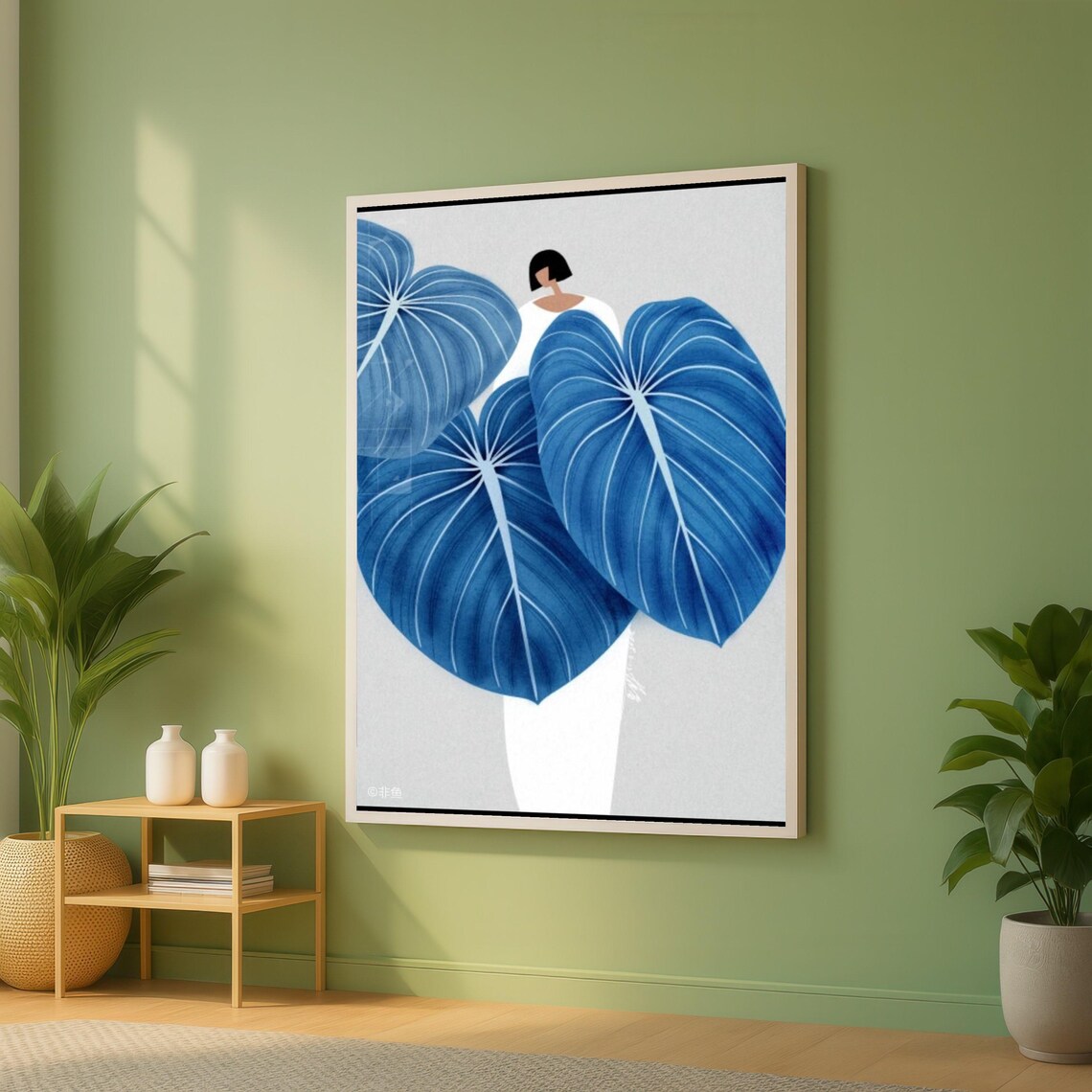 Woman Behind Giant Blue Leaves Modern Botanical Illustration Print