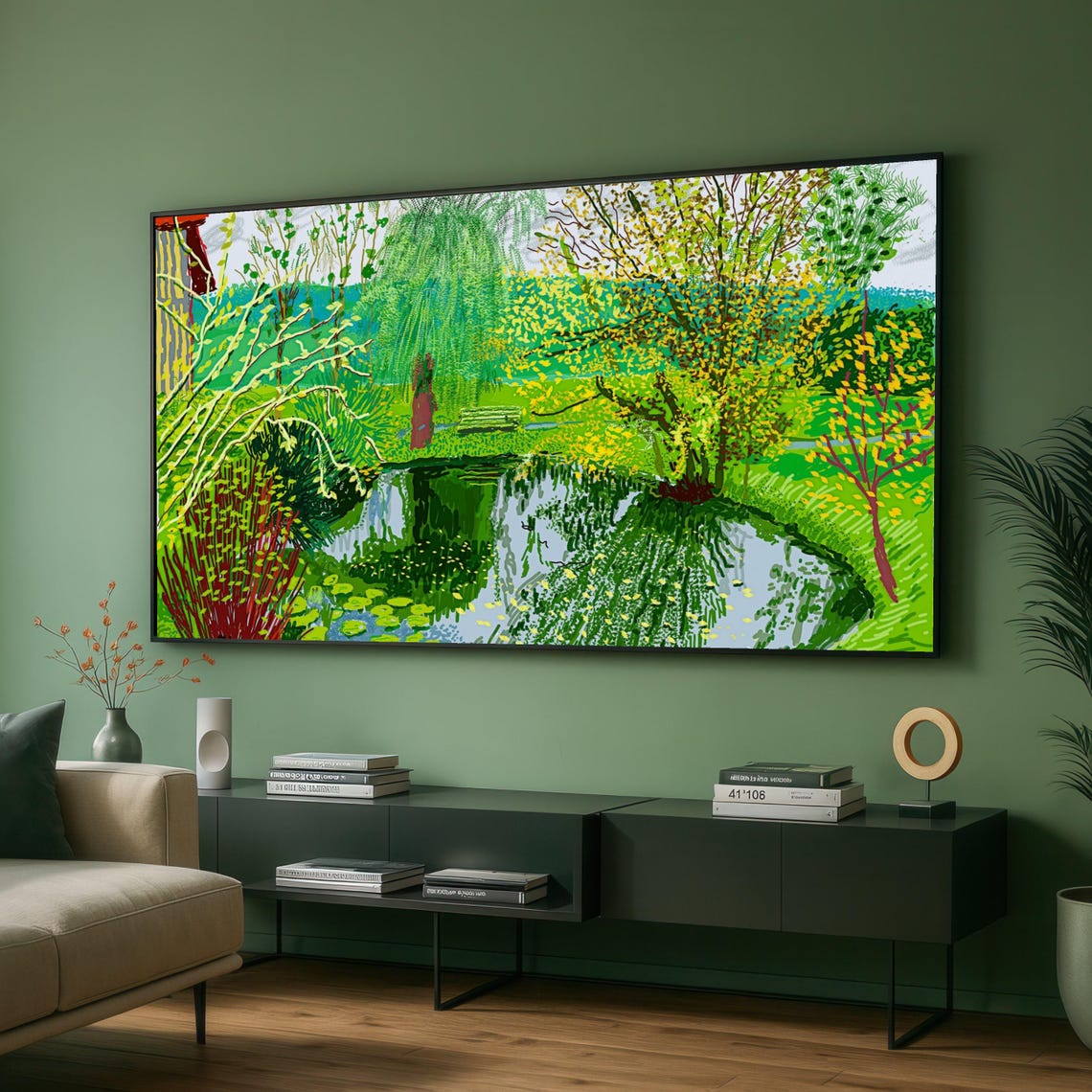 Vibrant Green Garden Pond Floral Landscape Colorful Nature Poster