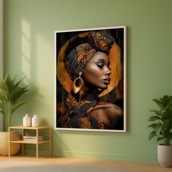 Elegant African Woman Portrait Canvas Ethnic Headwrap Wall Art Bold Gold And Black Colors Cultural Home Decor Modern Print