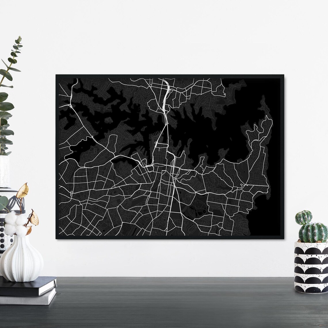 Sydney Australia Map Poster, Dark Framed Minimalist City Street Map Wall Decor