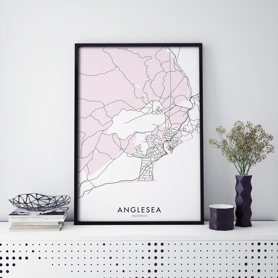 Anglesea Australia Map Poster, Pink White Framed Minimal Coastal City Map Decor