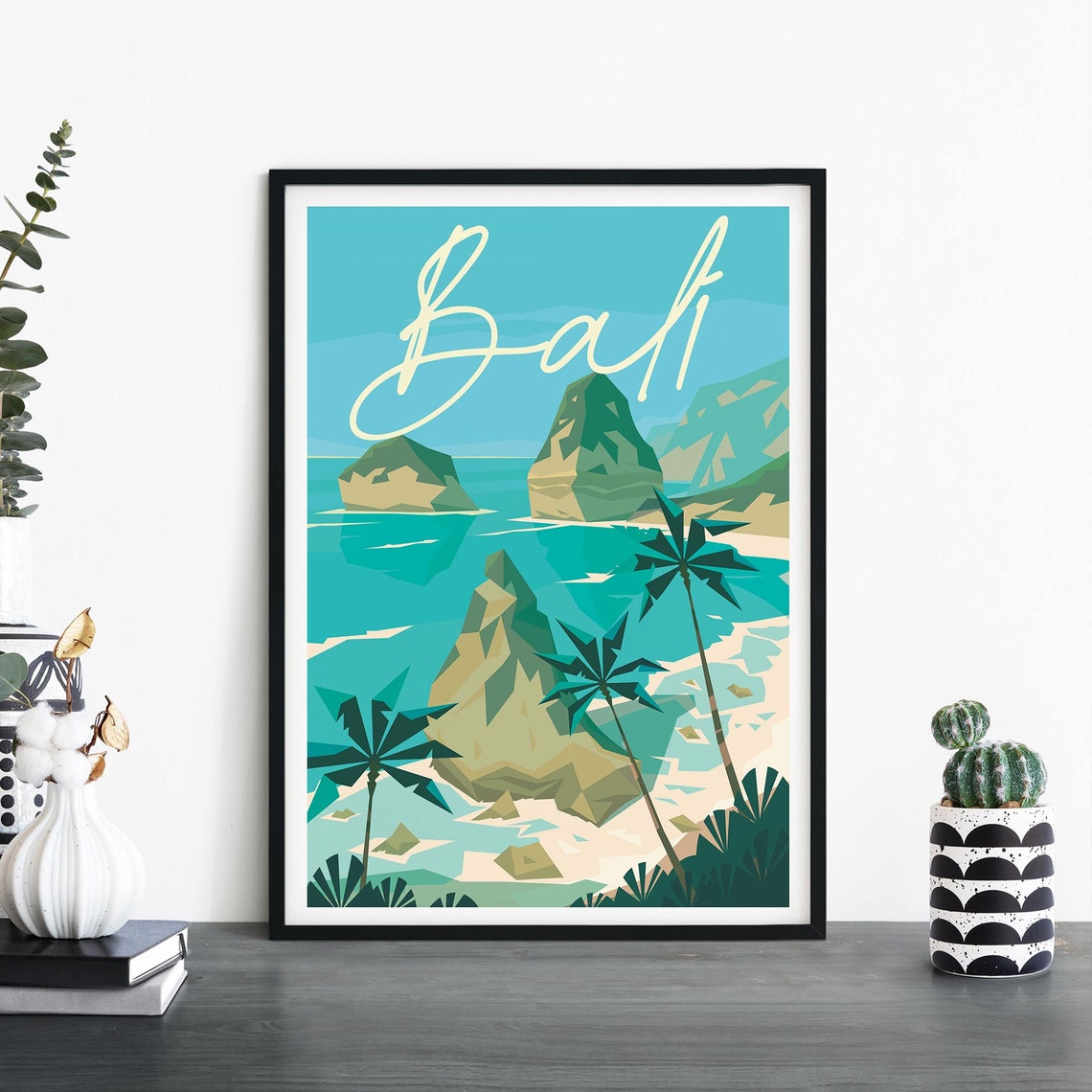 Bali Indonesia Tropical Travel Poster With Palm Trees And Rocky Coast