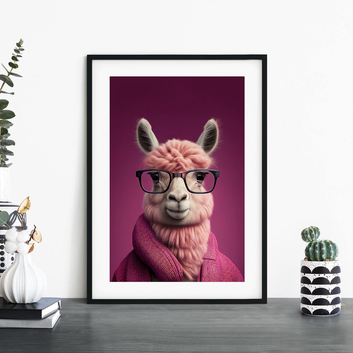 Pink Alpaca In Glasses Magenta Cardigan Funny Animal Wall Poster