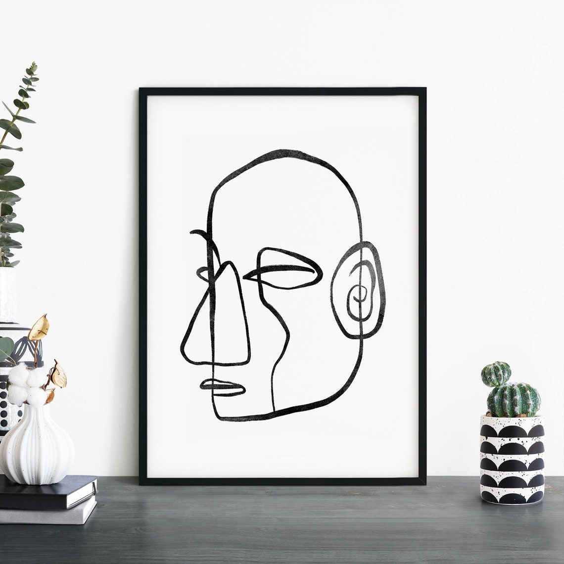 Continuous Line Abstract Face Profile Monochrome Modern Poster