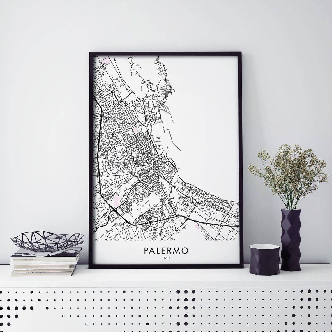 Palermo Italy Minimalist City Street Map Black and White Poster