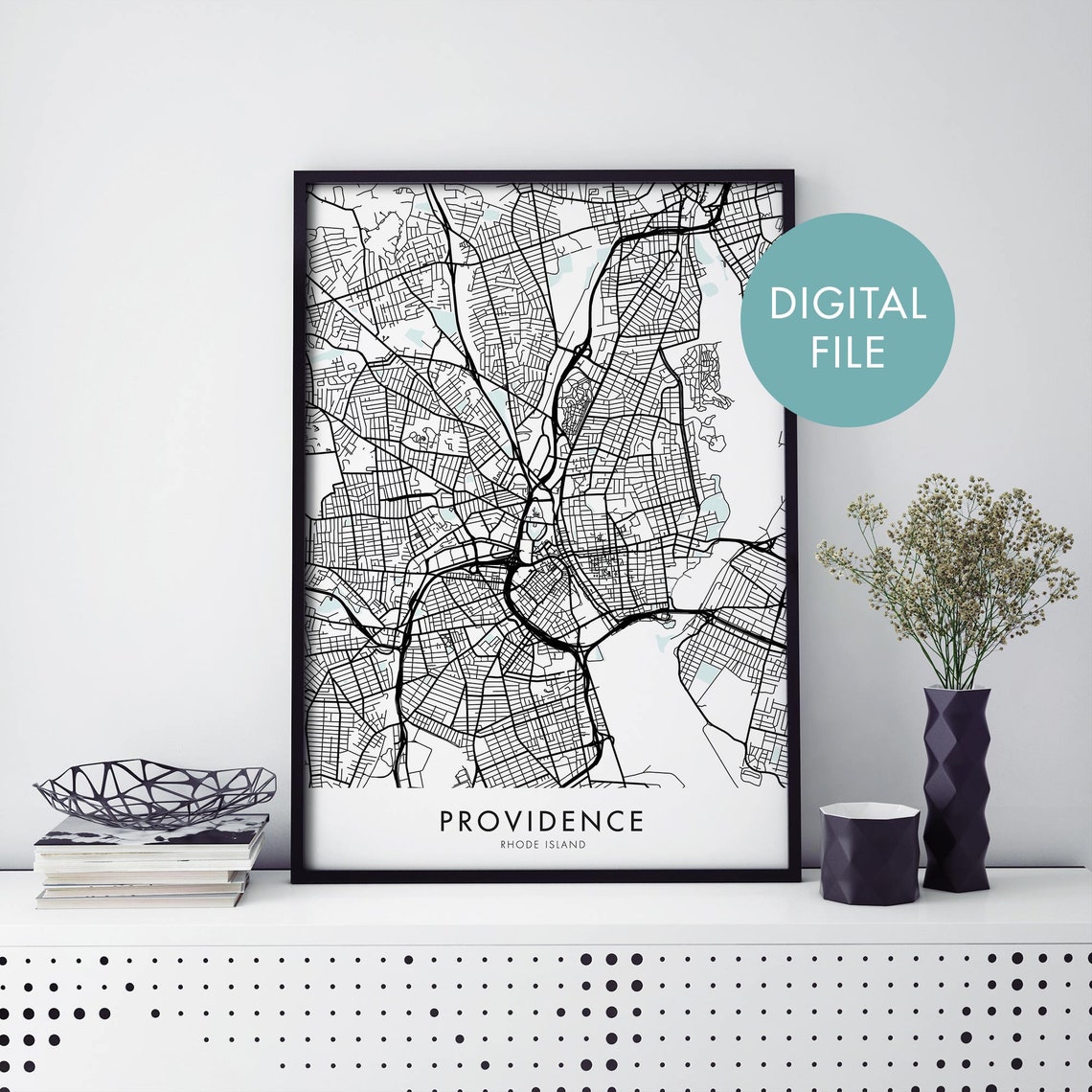 Providence Rhode Island Minimalist City Street Map Black White Poster