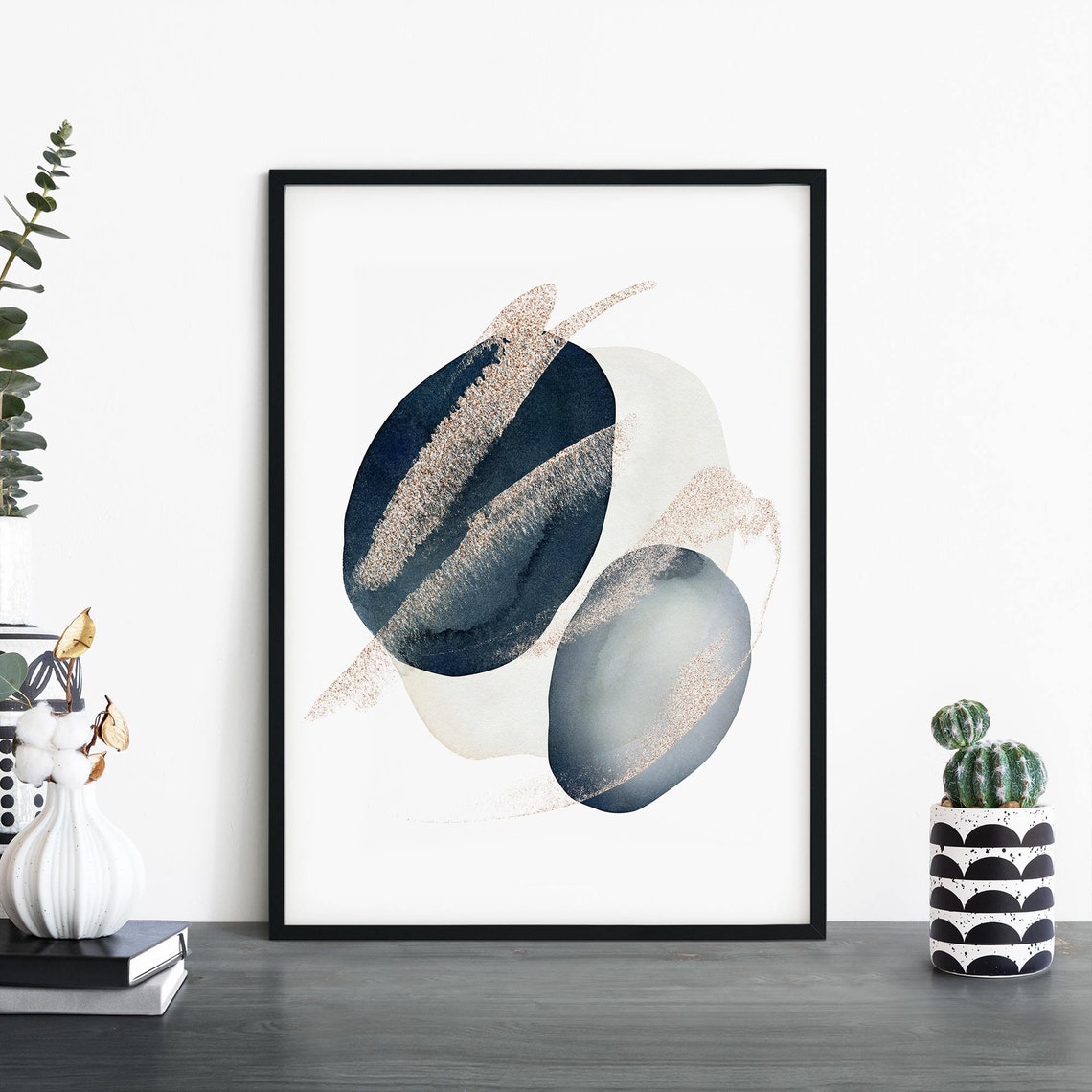 Navy and Grey Ovals Gold Glitter Abstract Watercolor Modern Poster