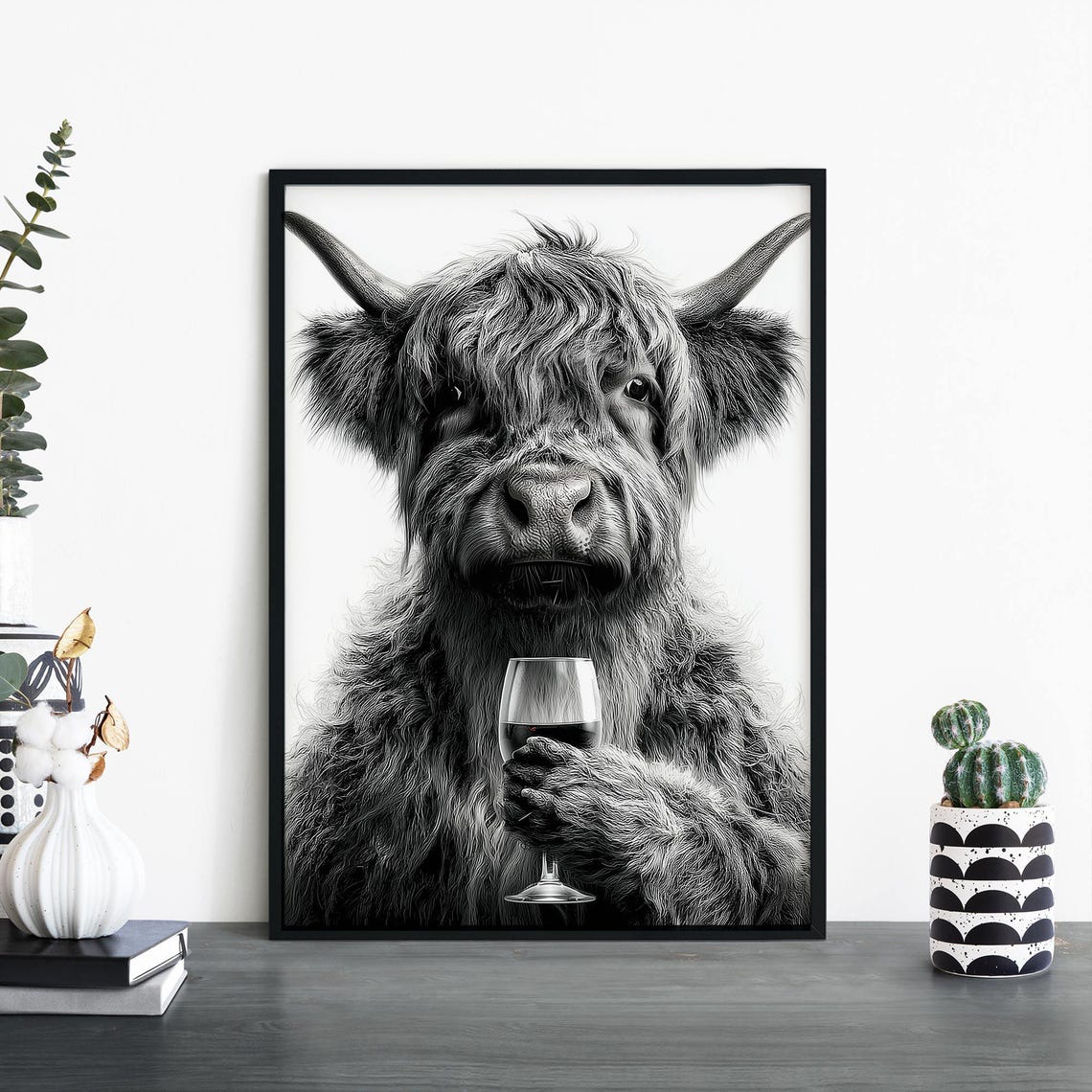 Wine Bovine Highland Cow Holding Wine Glass Funny Wall Poster