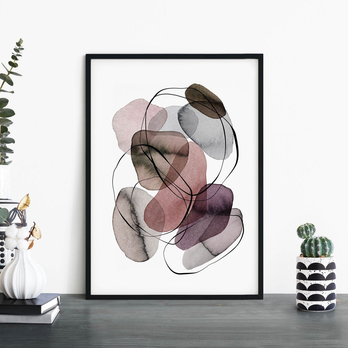 Mauve Grey Watercolor Pebbles Tangled Black Line Loops Abstract Poster