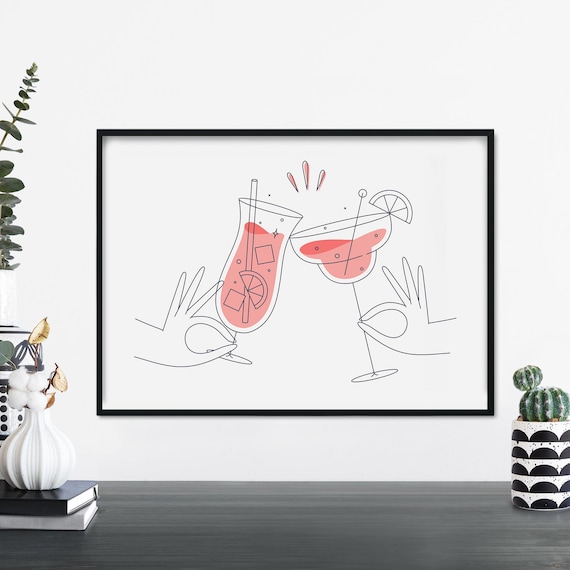 Cocktail Cheers Two Hands Clinking Glasses Minimalist Bar Art Poster