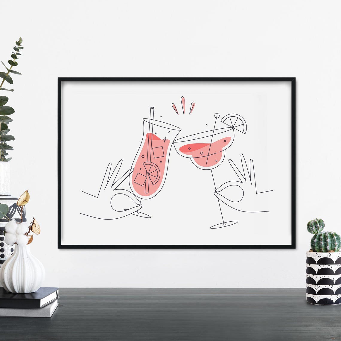 Cocktail Cheers Two Hands Clinking Glasses Minimalist Bar Art Poster