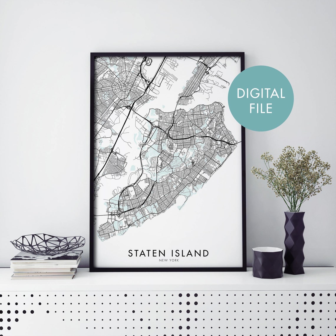 Staten Island New York White Background City Street Map Wall Poster