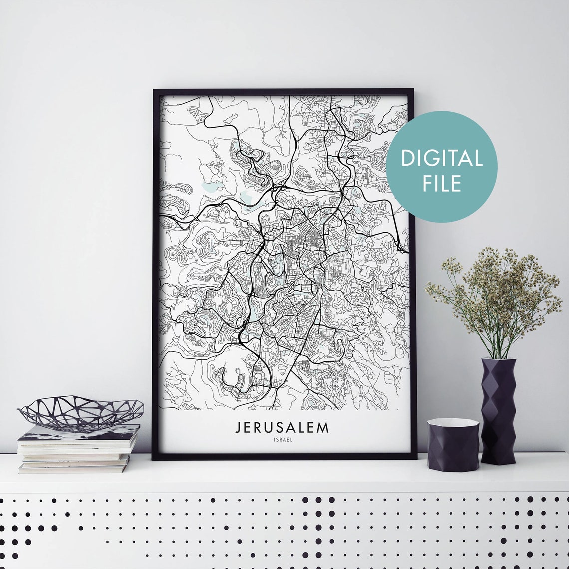 Jerusalem Israel Contour Line Art Minimalist City Map Street Poster