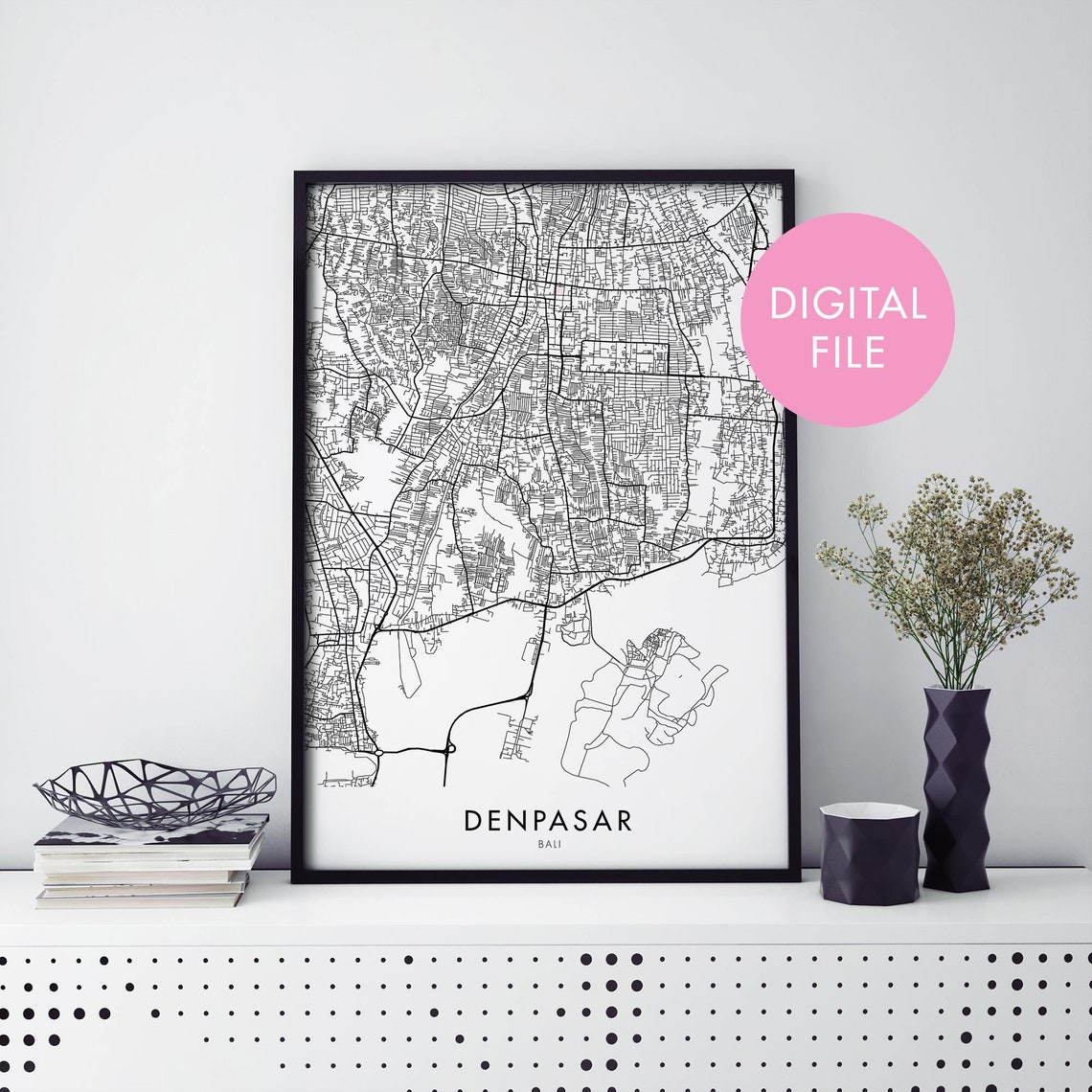 Denpasar Bali Indonesia Minimal City Street Map Black White Print