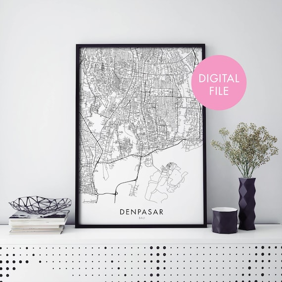 Denpasar Bali Indonesia Minimal City Street Map Black White Print