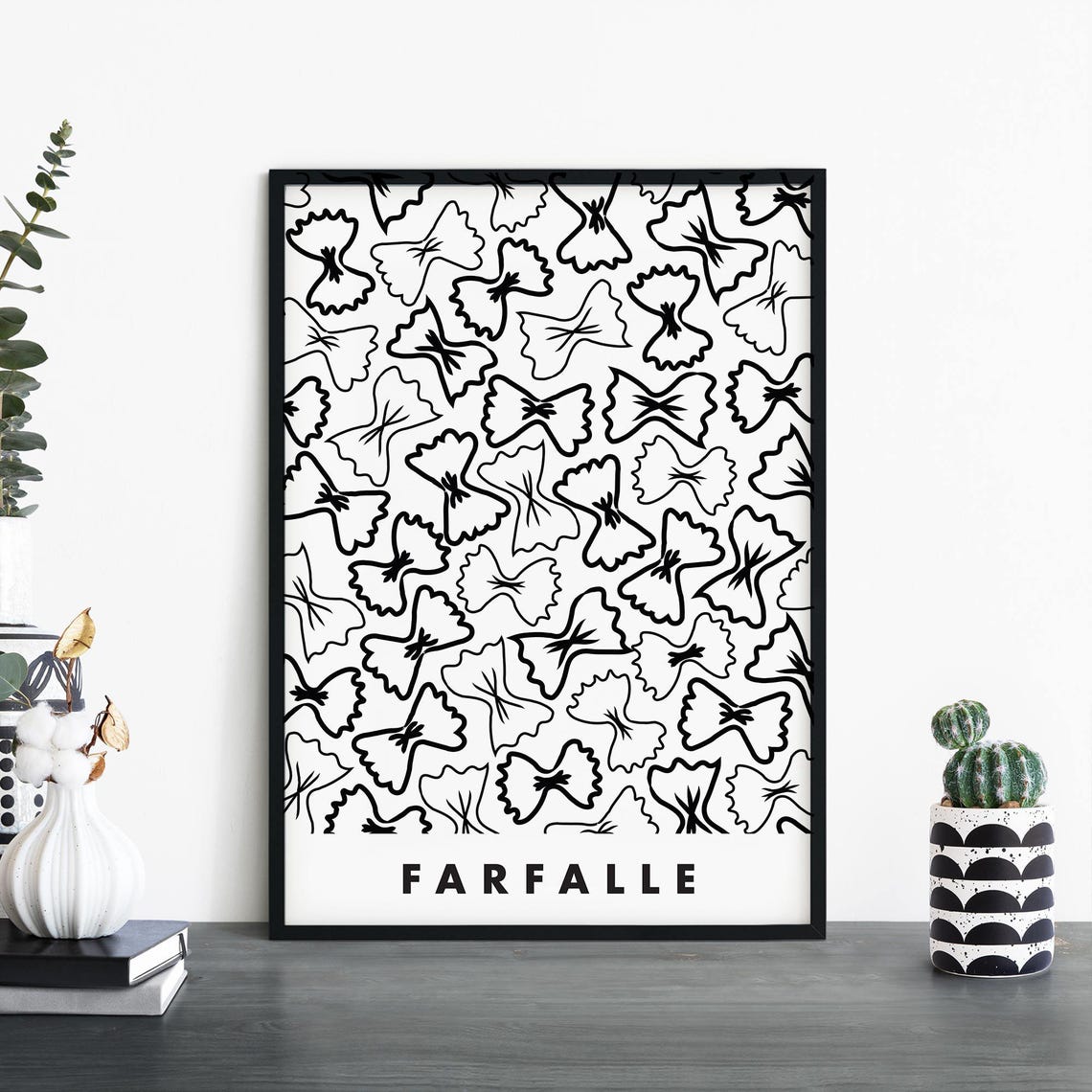 Farfalle Pasta Pattern Black And White Minimalist Kitchen Food Poster