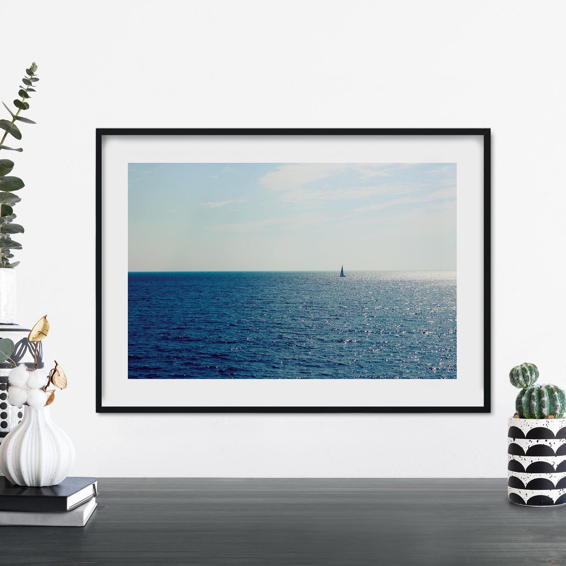 Lone Sailboat On Open Blue Ocean Minimal Coastal Seascape Print