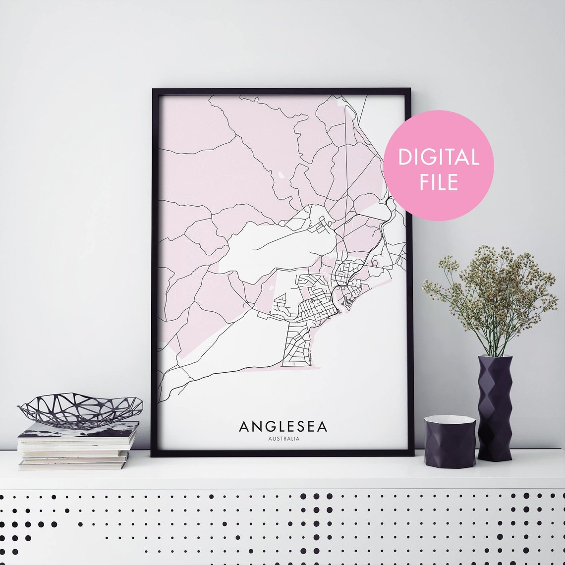Anglesea Australia Pink City Map Minimalist Coastal Travel Poster