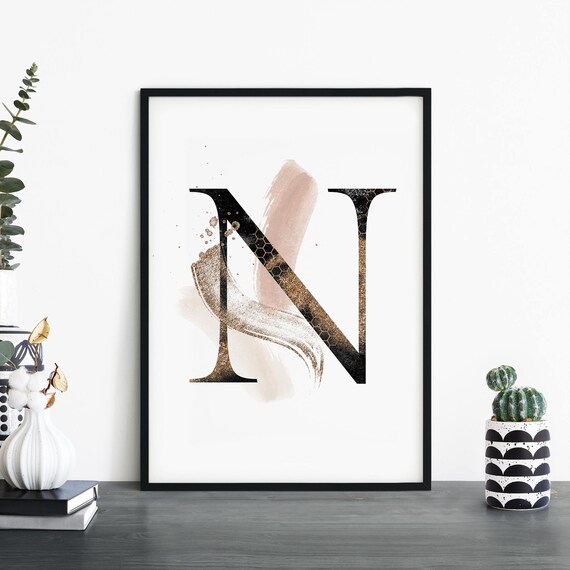 Gold Glitter Letter N Monogram Blush Watercolor Modern Wall Art