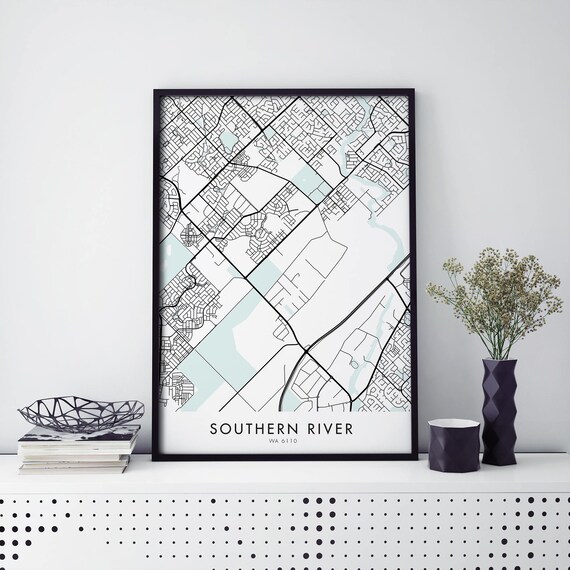 Southern River Perth Suburb Street Map Aqua Accent Art Print