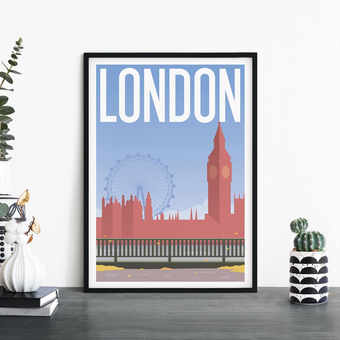 London Eye And Big Ben Coral Illustrated Skyline Travel Poster