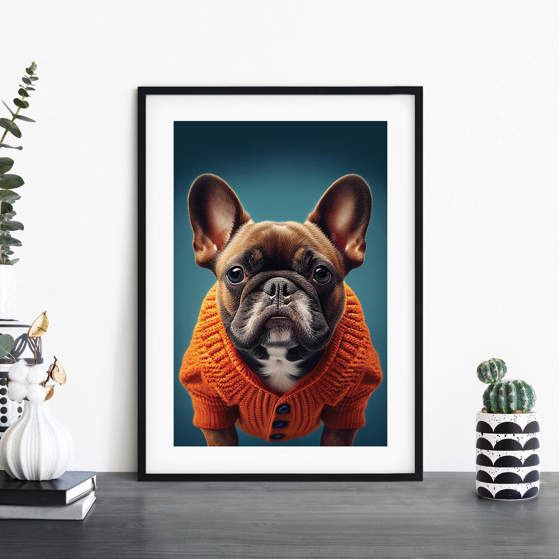 French Bulldog In An Orange Knit Cardigan Studio Portrait Poster