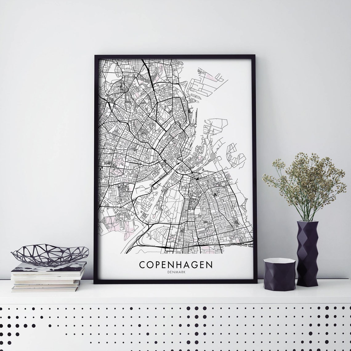 Copenhagen Denmark Black and White City Street Map Minimalist Poster