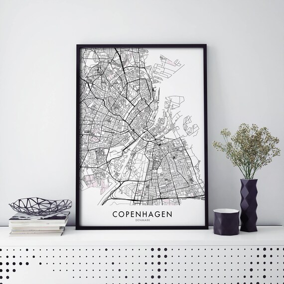 Copenhagen Denmark Black and White City Street Map Minimalist Poster