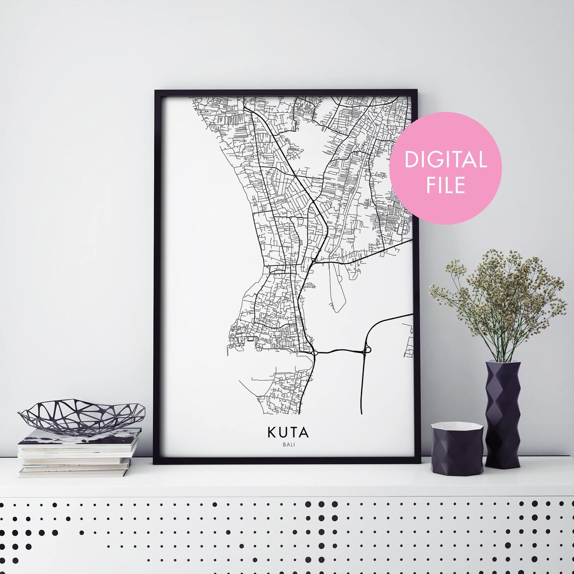 Kuta Bali Indonesia Black And White City Street Map Digital File Poster
