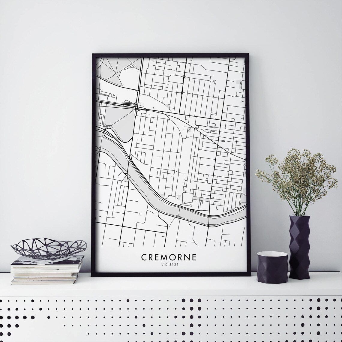 Cremorne Melbourne Street Map Minimalist City Art Black White Poster