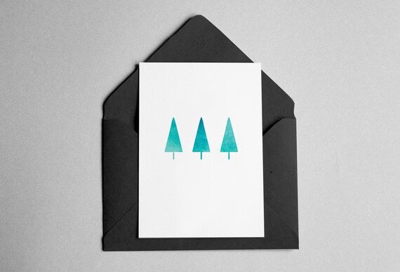 Three Teal Christmas Trees Minimalist Watercolor Holiday Card Print