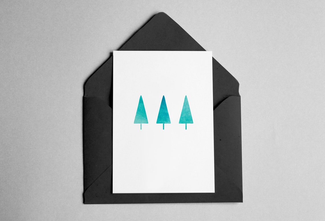 Three Teal Christmas Trees Minimalist Watercolor Holiday Card Print