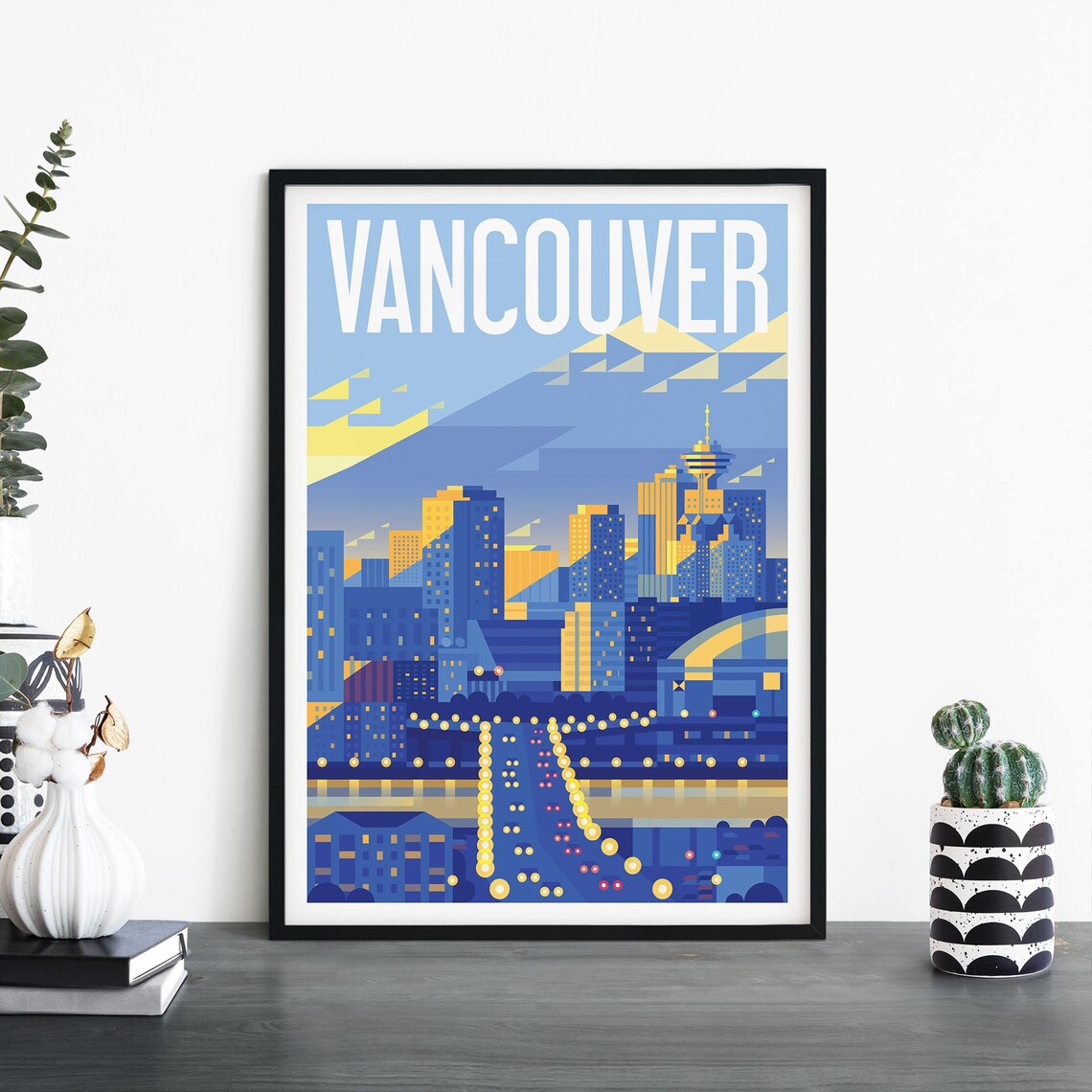 Vancouver City Skyline at Night Illustrated Travel Poster Canada