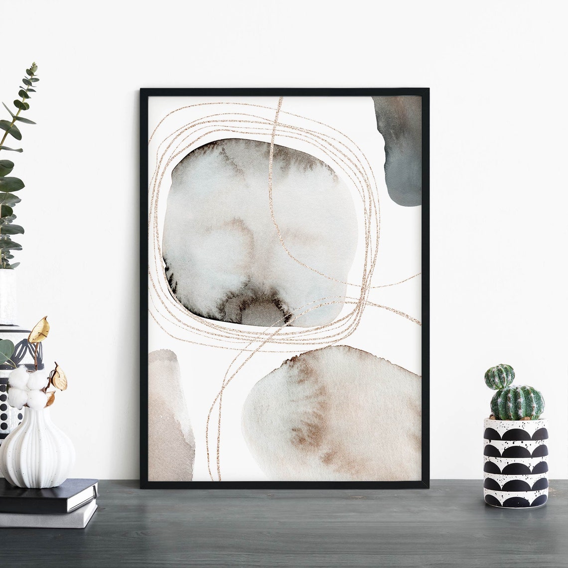 Watercolour Pebbles Grey Abstract Gold Line Swirl Modern Poster