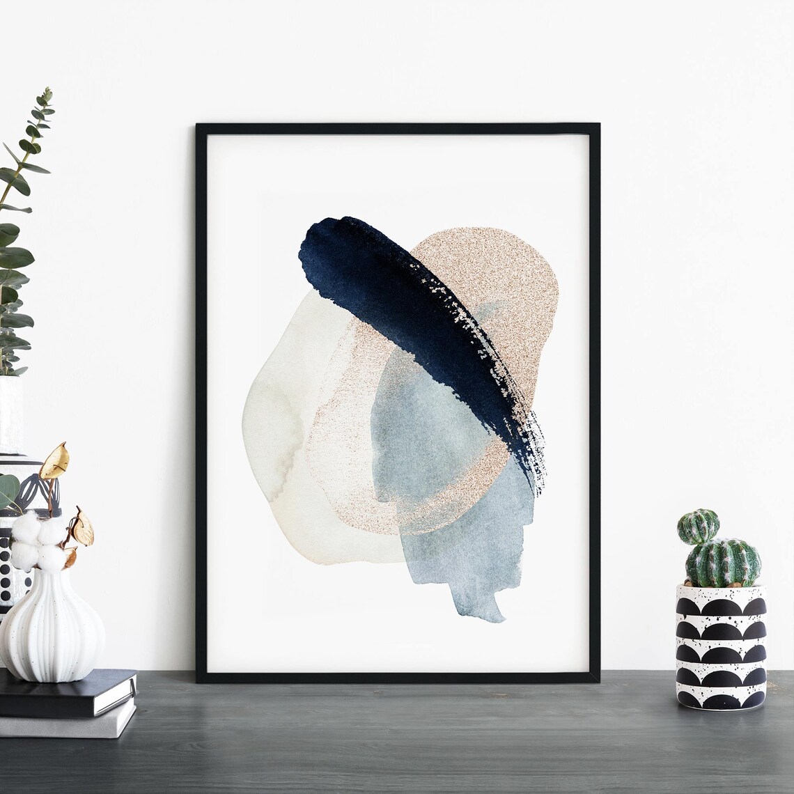 Navy Brush Stroke Gold Glitter Abstract Blue Watercolor Poster
