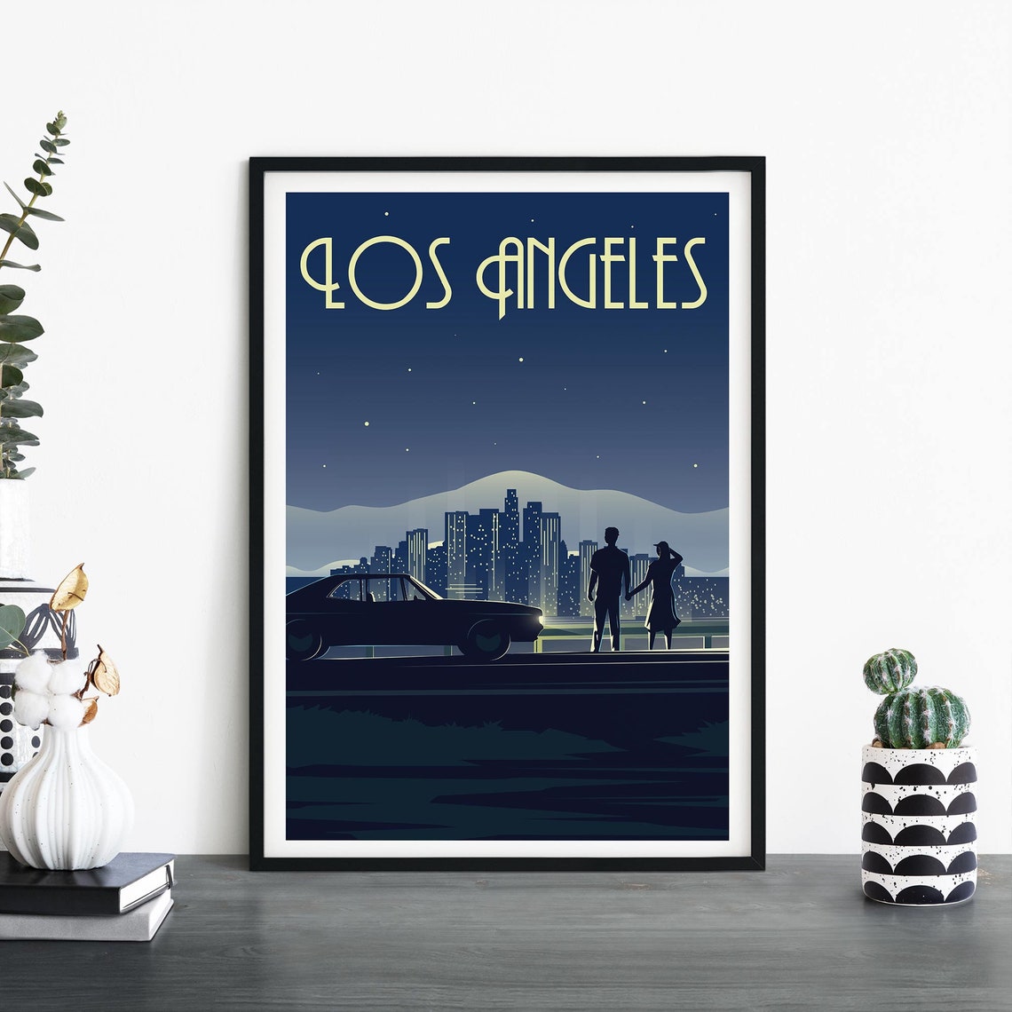 Los Angeles Night Skyline Art Deco Couple Vintage Travel Poster