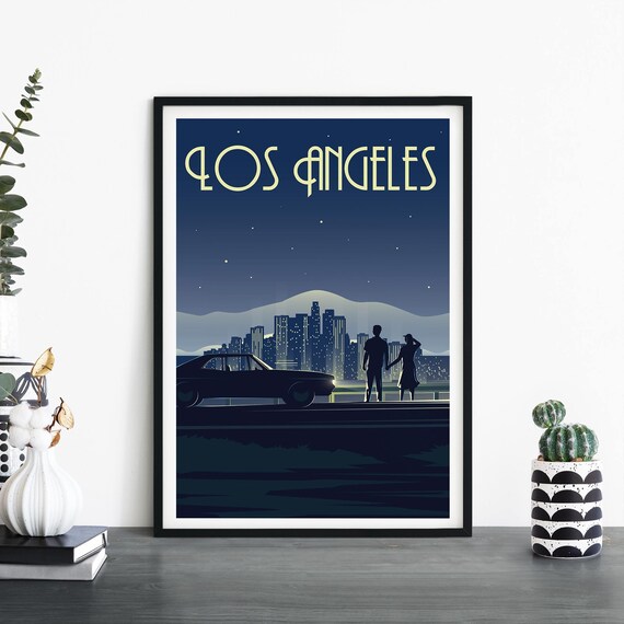 Los Angeles Night Skyline Art Deco Couple Vintage Travel Poster