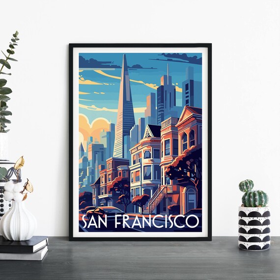San Francisco Daytime Pyramid Victorian Houses Blue Sky Travel Art Poster
