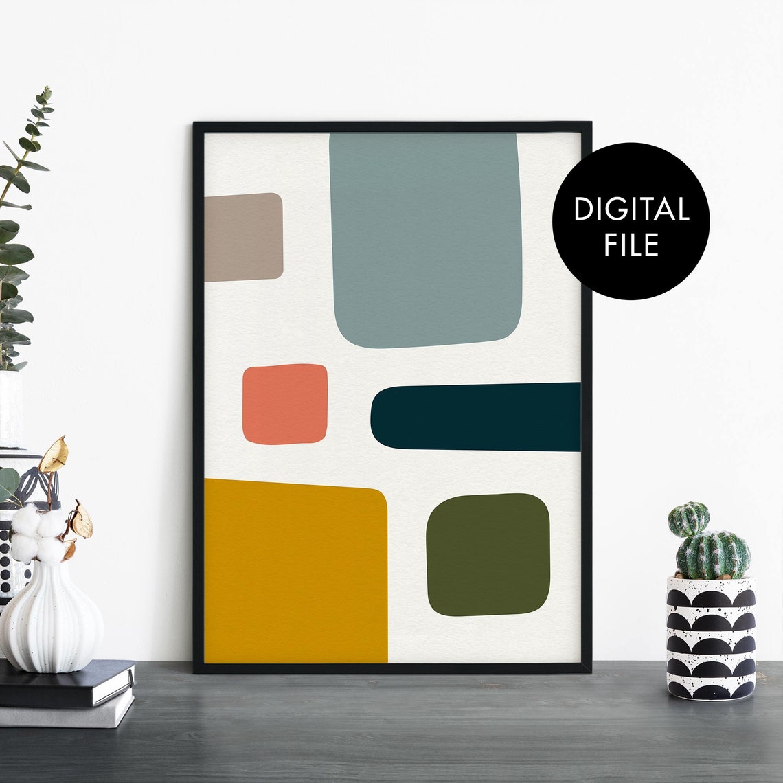 Mid Century Modern Abstract Shapes Teal Coral Mustard Wall Art