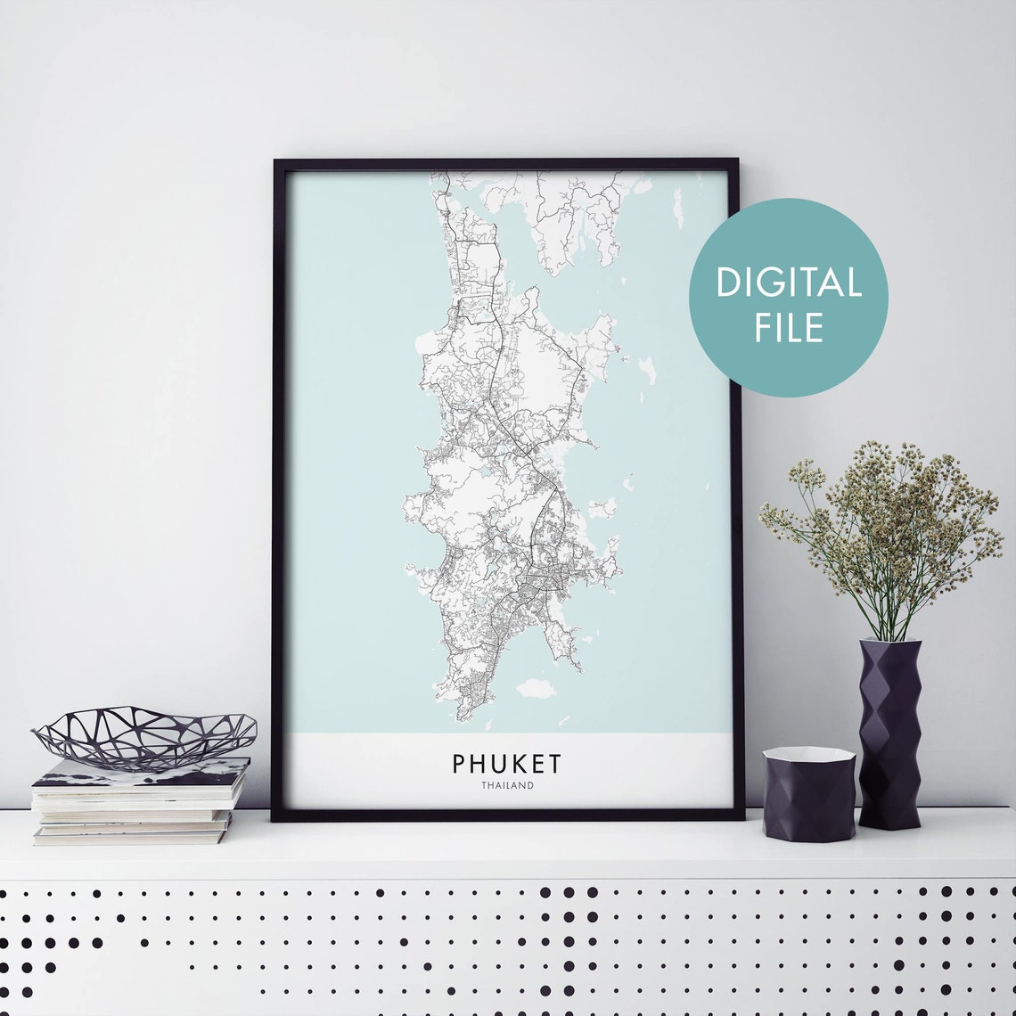 Phuket Thailand Island Street Map Minimalist Digital File Poster