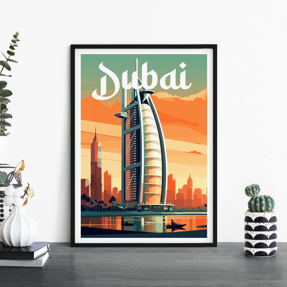 Dubai Burj Al Arab Sunset Skyline Retro Vintage Travel Poster