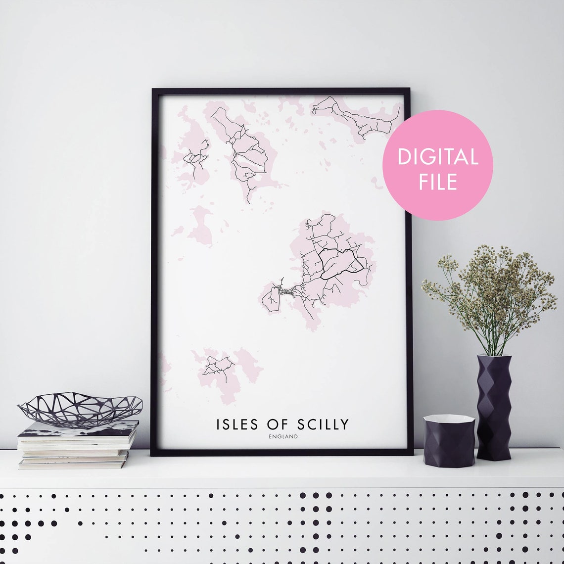 Isles Of Scilly England Map Digital Pink Minimalist Travel Poster