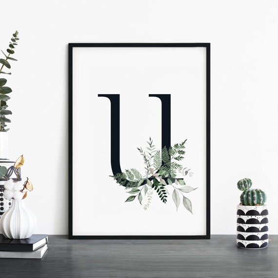 Botanical Letter U Monogram Initial Watercolor Greenery Art Poster