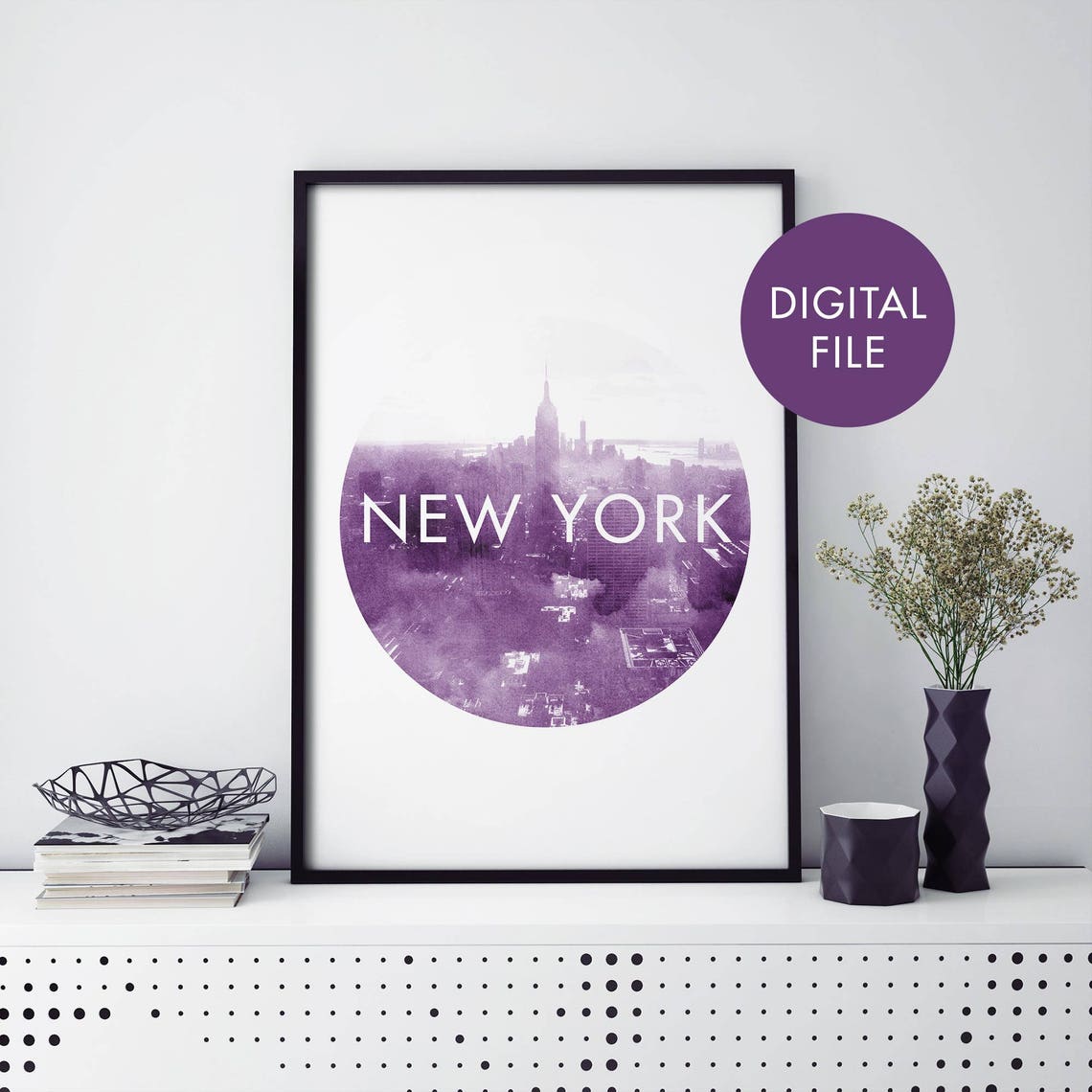 New York City Watercolor Skyline Purple Circle Modern Travel Poster