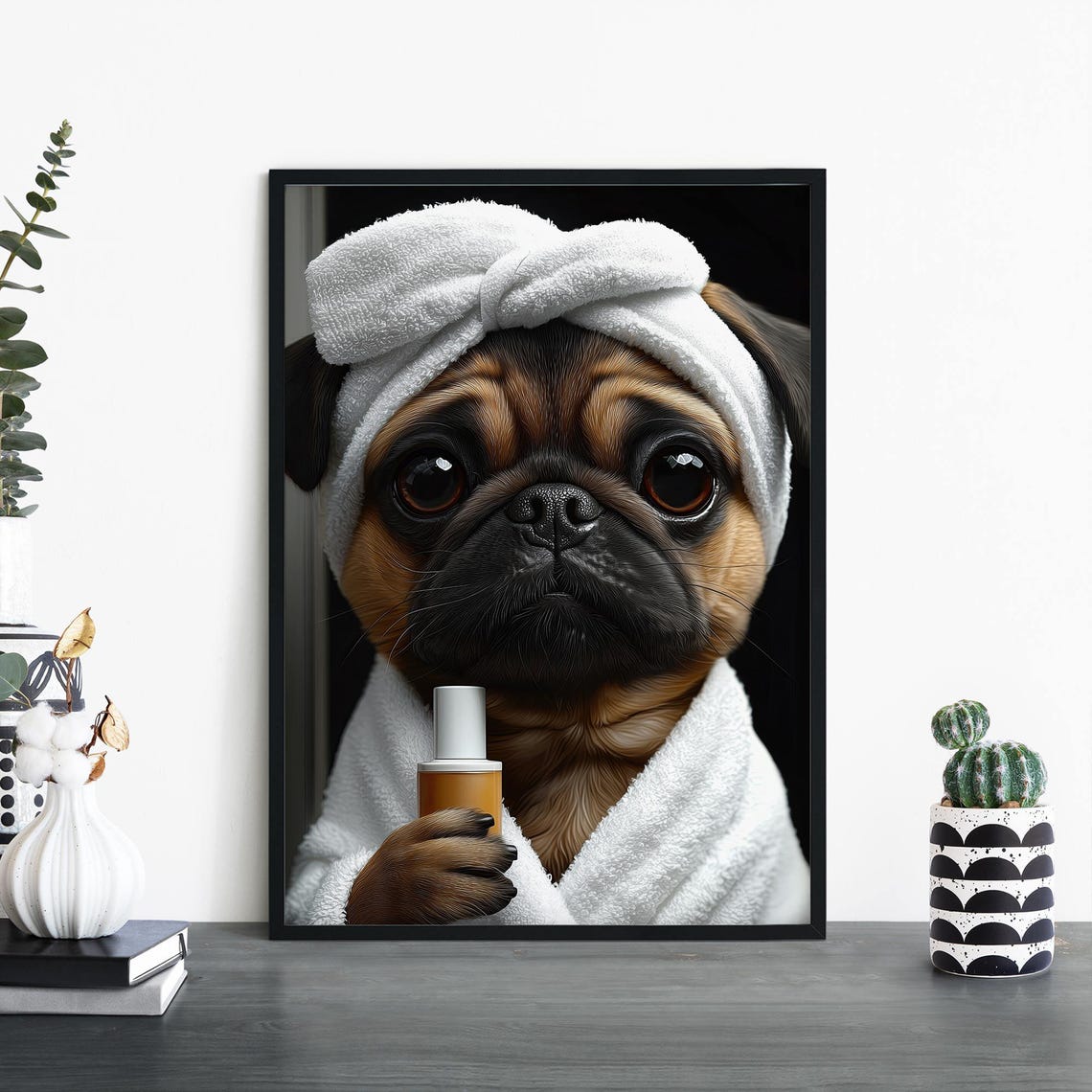 Pug Spa Day Poster Funny Dog in Towel Bathrobe Bathroom Decor