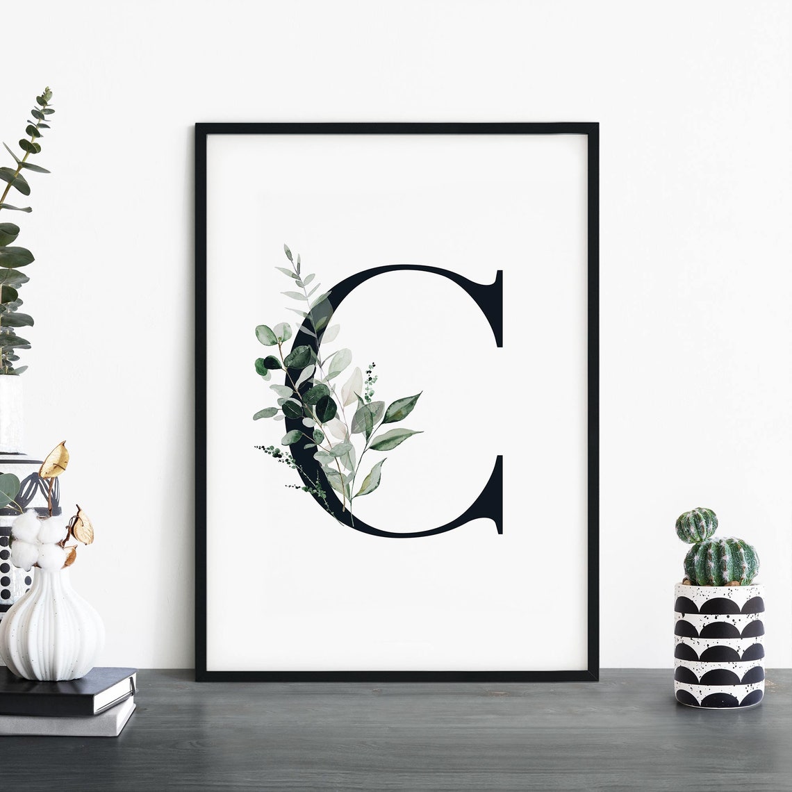 Letter C Eucalyptus Botanical Monogram Initial Green Wall Art