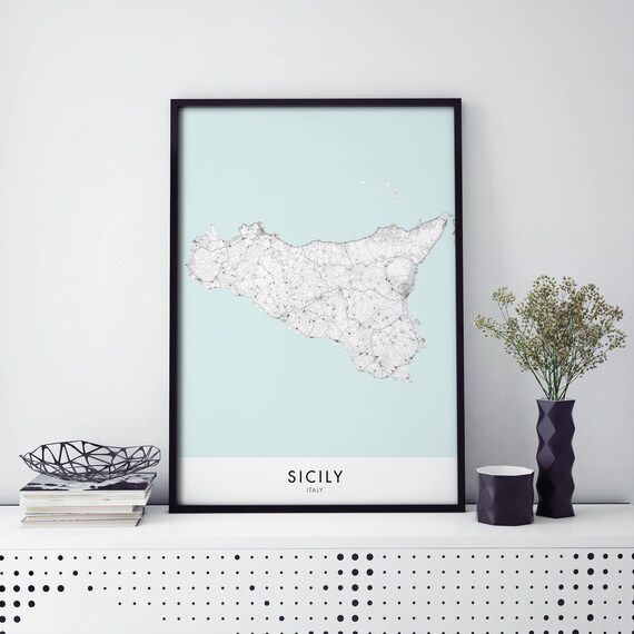 Sicily Italy Minimalist Line Road Map Cartography Decor Poster