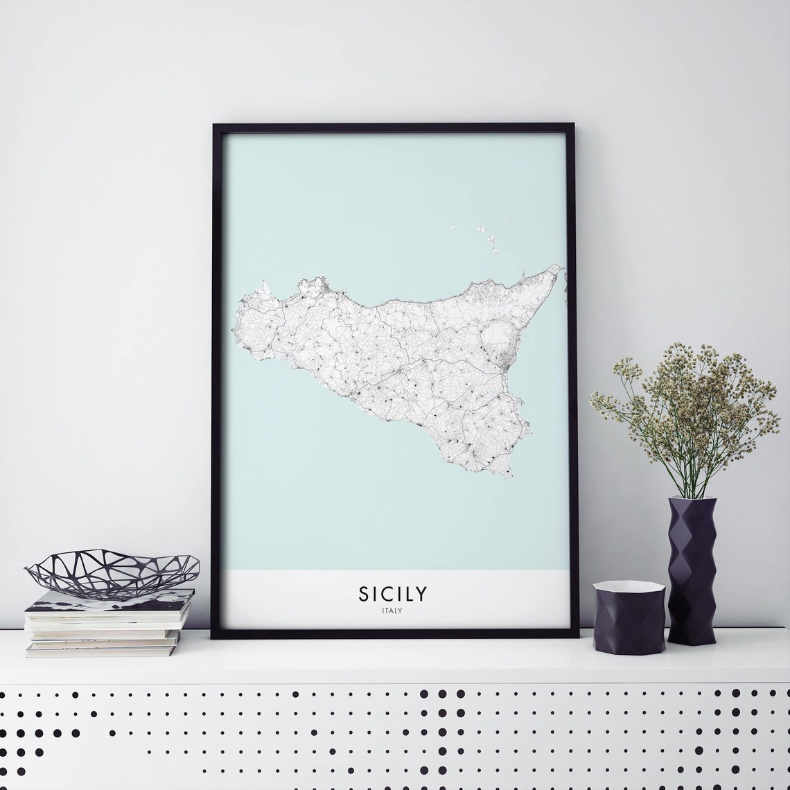 Sicily Italy Minimalist Line Road Map Cartography Decor Poster
