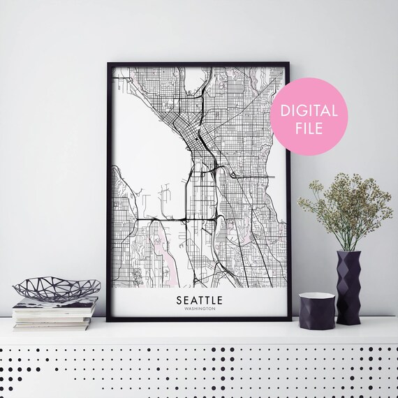 Seattle Washington City Map Digital Download Modern Wall Decor Poster
