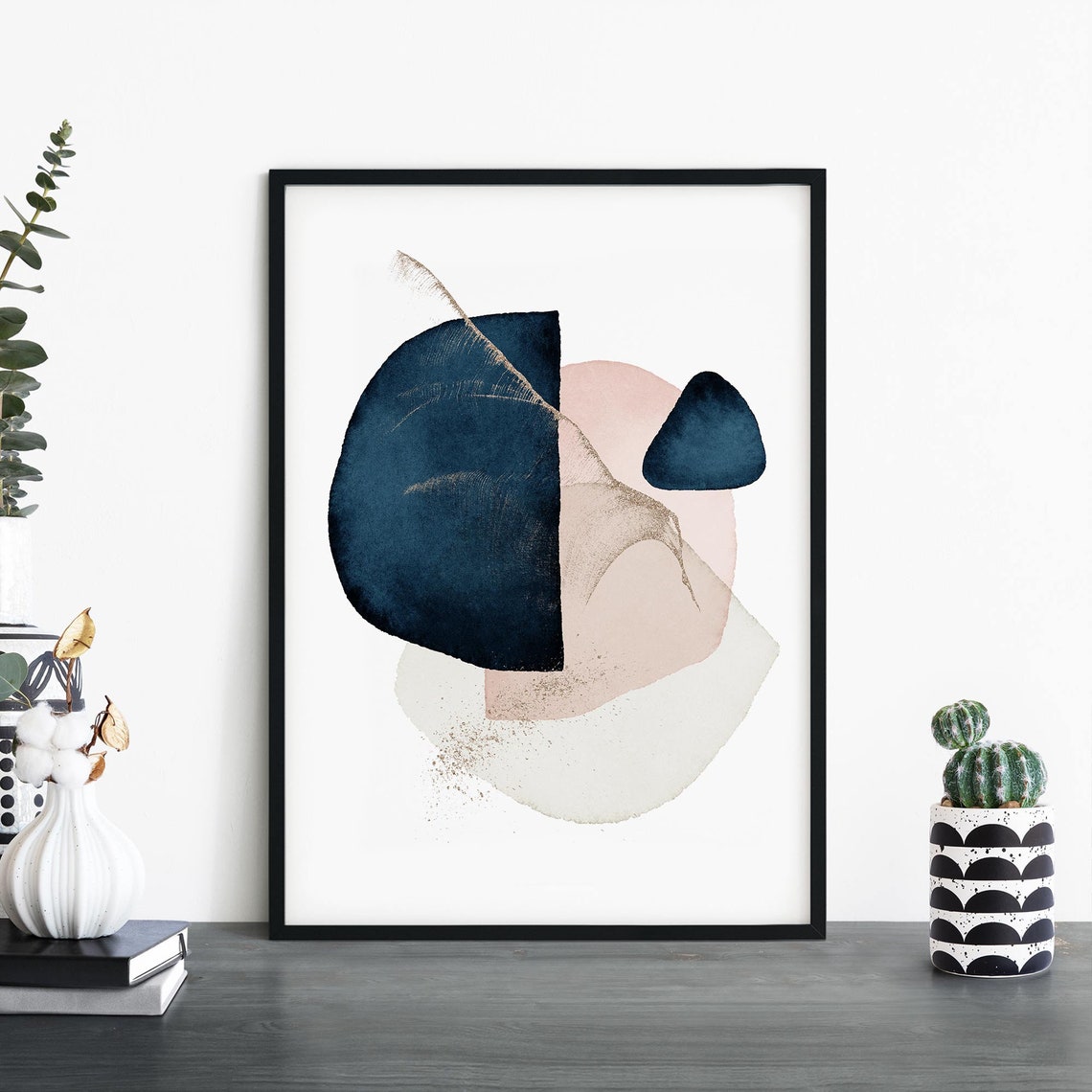 Navy and Blush Organic Shapes Gold Splatter Abstract Art Print